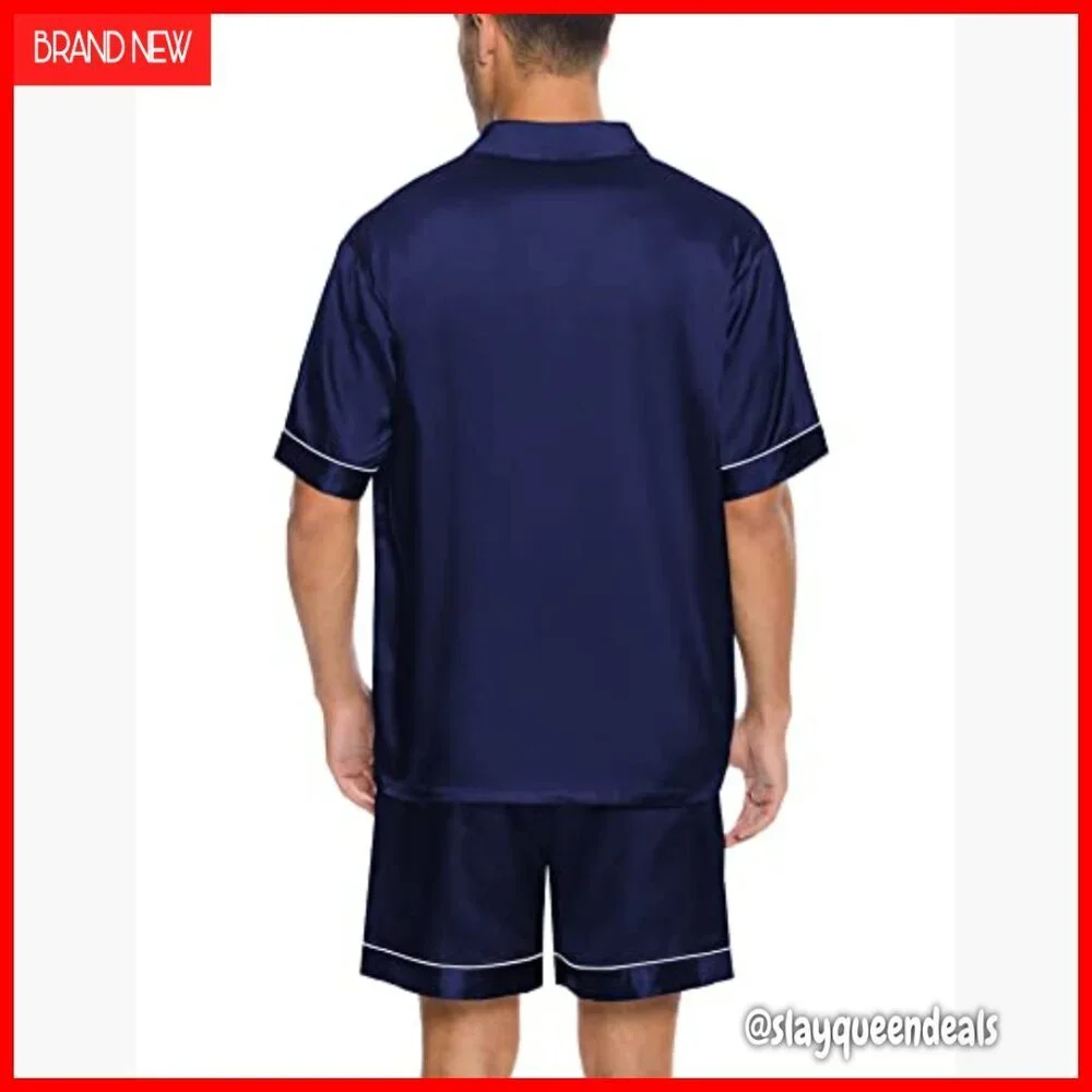 Men's Silk Satin Pajama Set Short Sleeve Button Down Sleepwear with Pockets